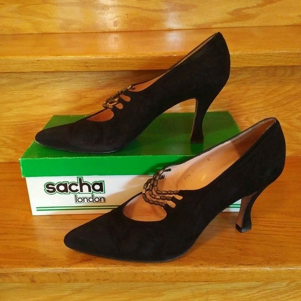 FLASH SALE! Vintage Sacha London Black Suede Pumps, Gold-beaded straps, Size 8